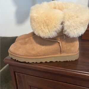UGG Chestnut Suede Boots with Fluffy Cuff